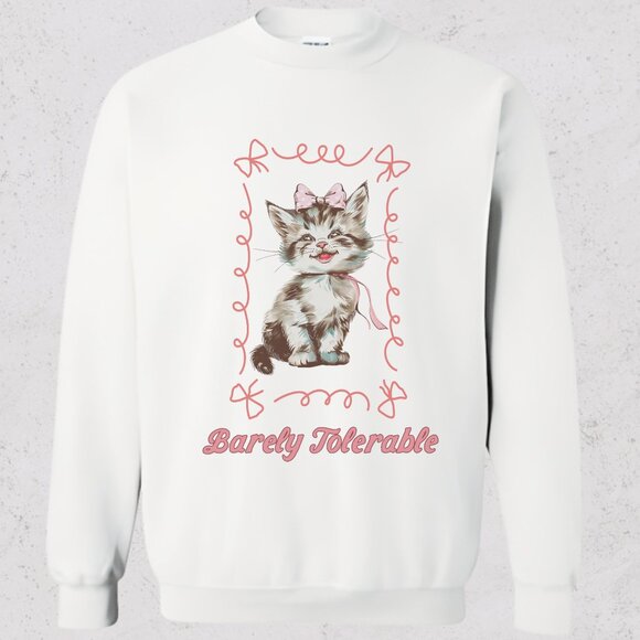 Barely Tolerable Coquette Kitten Sweatshirt Pink Cat Girly Graphic Sweater - Picture 4 of 6